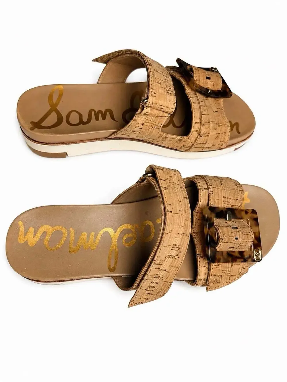 Sam Edelman Cork Slide Sandals Women 9.5 Tortoise Buckle Tan Platform
